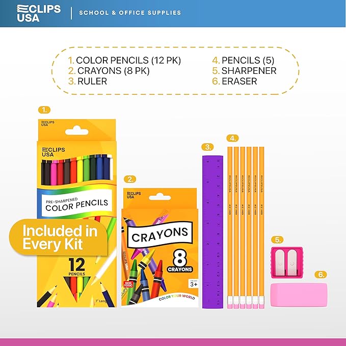 E-CLIPS USA Back to School Supplies Kit for Kids School Supplies Set School Supply Kit Colored Pencils For Kids Color Pencil Set Crayons Bulk for Classroom Wooden Pencil #2 (48)