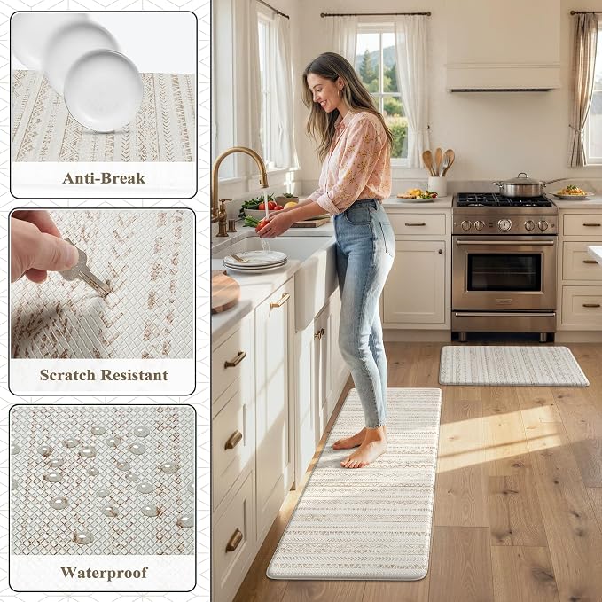 KIMODE Kitchen Mats Cushioned Anti Fatigue, Farmhouse Kitchen Rugs Sets of 2, Memory Foam Kitchen Mats for Floor, Waterproof Standing Mat for Kitchen Decor Laundry Office Desk Khaki 17"x47"+17"x29"