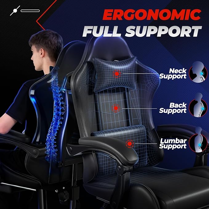 Auto Dynasty Ergonomic Gaming Chair, High-Back Office Chair w/Adjustable Lumbar Support, Linkage Armrest, Headrest & Footrest, 350LBS Recliner Swivel Computer Game Racing Chair, Black