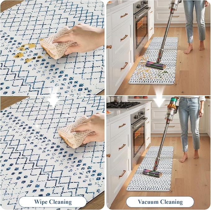 KIMODE Kitchen Mats 2PCS Cushioned Anti Fatigue Boho Kitchen Rugs and Mats Non Slip Waterproof Kitchen Mats for Floor Comfort Foam Standing Desk Mat for Home Office Sink Blue White Laundry Room Decor