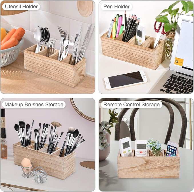 WuGeShop Wooden Pen Pencil Holder for Desk, 4 Compartment Rustic Rectangular Pen Organizer, Wood Desktop Organizer Caddy, Multi Purpose Use for Home School Office Supplies, Stationery