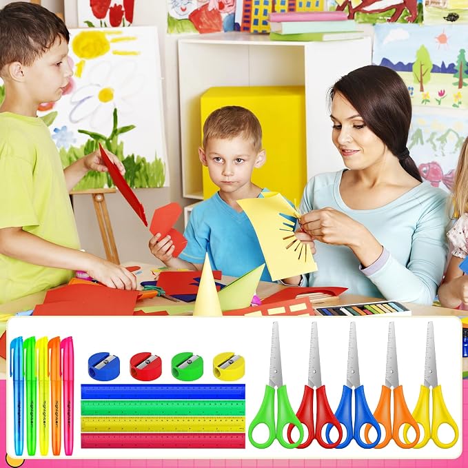400 Pcs Back to School Supplies Kit Include 100 Student Scissors 100 12 Inch Plastic Rulers 100 Pencil Sharpeners 100 Highlighters for School Classroom Home Charity Donation Supplies (400)