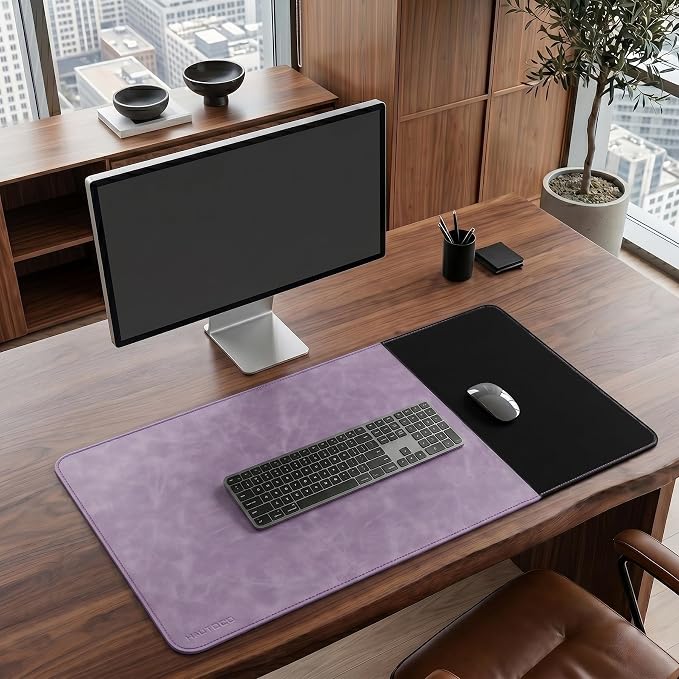 HAUTOCO Cork Desk Mat 31.5"x15.7", Distressed PU Leather & Cloth Desk Pad | Waterproof, Non-Slip, Stitched Edges, Purple Large Gaming Mouse Pad, Laptop Blotter & Desk Protector for Office and Home