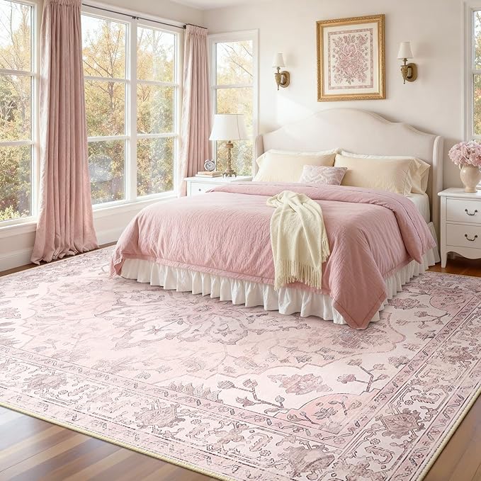 RELEANY Area Rugs 7'x9' Washable Non-Slip, Floral Vintage Distress Medallion Carpet for Living Room Bedroom Dining Room, Pink Greypink Cute