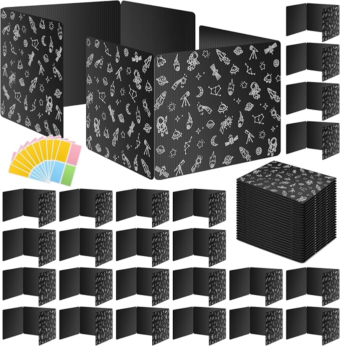 Black 24-Pack Desk Dividers for Students, Space Style Plastic Study Carrel Divider, Durable Testing Dividers for Classroom Teacher Supplies, Easy to Clean Privacy Shield Folder Boards for Student Desk