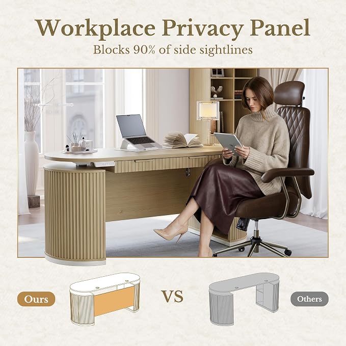 Electric Standing Desk with Storage Drawers, 63'' Executive Height Adjustable Desk with Privacy Panel and Shelves, Wood Fluted Computer Desk for Home Office, Light Walnut