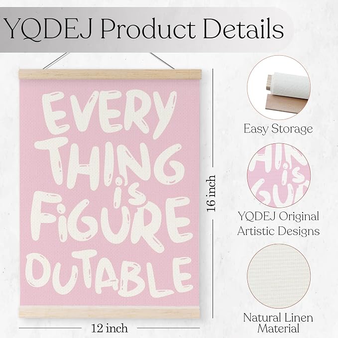 YQDEJ Everything is Figureoutable Inspirational Pink Wall Art Poster Hanger Frame, Pink Positive Affirmations Wall Decor, Motivational Wall Art for Home Office Classroom, 12x16 Inch