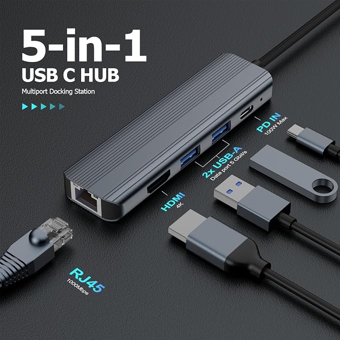 USB C Hub Ethernet HDMI Multiport Adapter for MacBook Pro/Air, iPad, Laptop Dock with 5Gbps USB A/C, 1Gbps RJ45 Gigabit Ethernet, 4K 30Hz HDMI, 100W Pass Through Charging