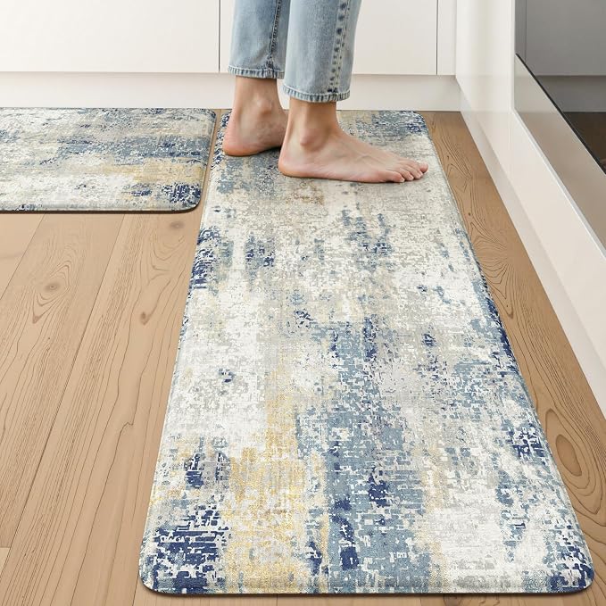 LEEVAN Anti Fatigue Kitchen Mats for Floor, Cushioned Kitchen Mat Set 2PCS | 17.3"x29"+17.3"x47", Modern Abstract Blue Kitchen Rugs Non-Slip, Waterproof Ergonomic Standing Mat for Laundry, Office, Sink