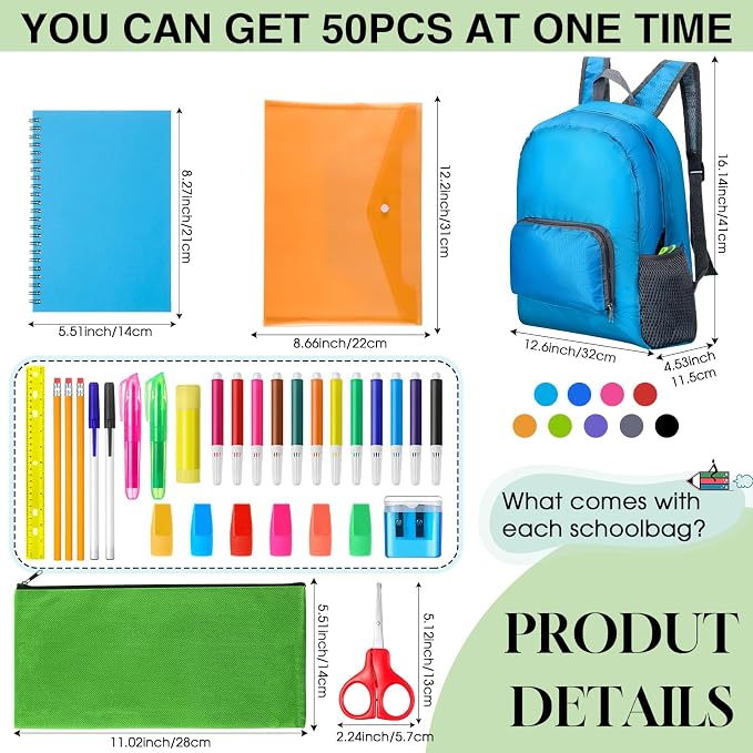 PerKoop 50 Sets 17'' Backpacks Bulk Bundle Kits Wholesale Backpack Supply Kit Bundle Essentials for Charity Donate