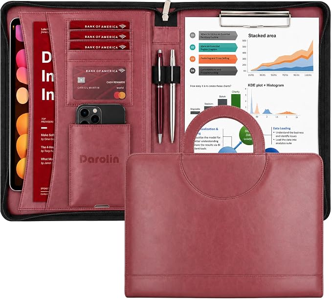 Darolin Vegan Leather Padfolio Portfolio with Handle, Zipper -Redwine | Business Portfolio Organizer for Meetings, Interviews, Travel, Resume, Clipboard Fits A4, Letter Size, Padfolio for Men Women