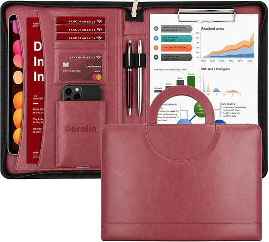 Darolin Vegan Leather Padfolio Portfolio with Handle, Zipper -Redwine | Business Portfolio Organizer for Meetings, Interviews, Travel, Resume, Clipboard Fits A4, Letter Size, Padfolio for Men Women
