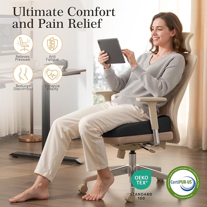 Donut Pillow Seat Cushion for Hemorrhoids & Tailbone Pressure Relief - Memory Foam Office Chair Cushion for Sciatica, Coccyx & Back Pain, Non-Slip Butt Cushions for Long Sitting (Black)