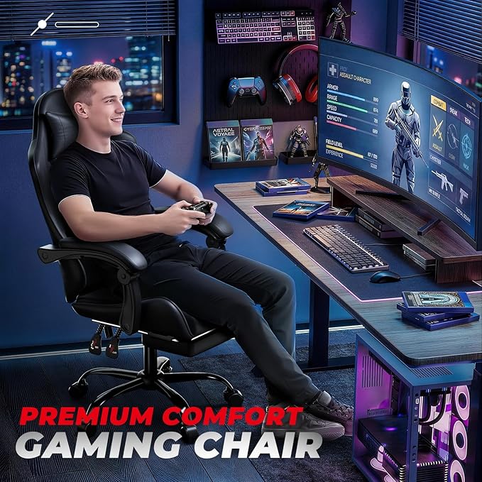 Auto Dynasty Ergonomic Gaming Chair, High-Back Office Chair w/Adjustable Lumbar Support, Linkage Armrest, Headrest & Footrest, 350LBS Recliner Swivel Computer Game Racing Chair, Black