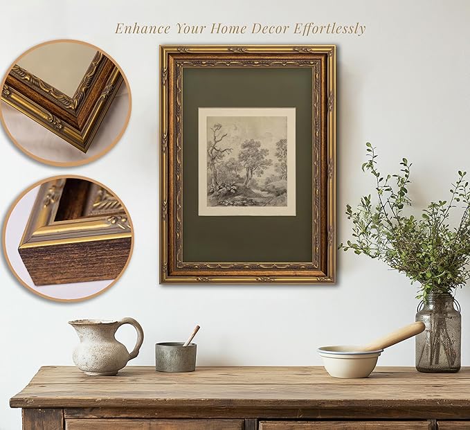 Vintage Gold Framed Wall Art Tree Forest Landscape Painting Canvas Prints Green Gray Tree Natural Sketch Picture Rustic Farmhouse Poster Artwork for Living Room Bedroom Bathroom, 16x24in