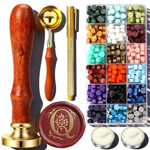 Q Wax Seal Stamp Kit, TEKGERLU 360 PCS 18 Colors Wax Beads, Copper Q Letter Stamp with Solid Wood Handle, Full Tools for Wedding Invitations, Envelope Sealing