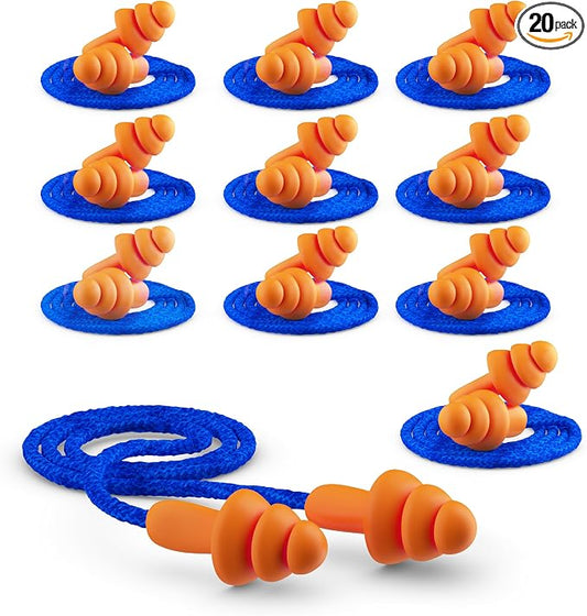 Quality Reusable Earplugs 20 Pair - 25dB Corded Silicone Ear Plugs for Shooting Construction Work Ear Plugs Motorcycle Range Hunting Hearing Protection Ear Protection for Mowing Earplugs Reusable