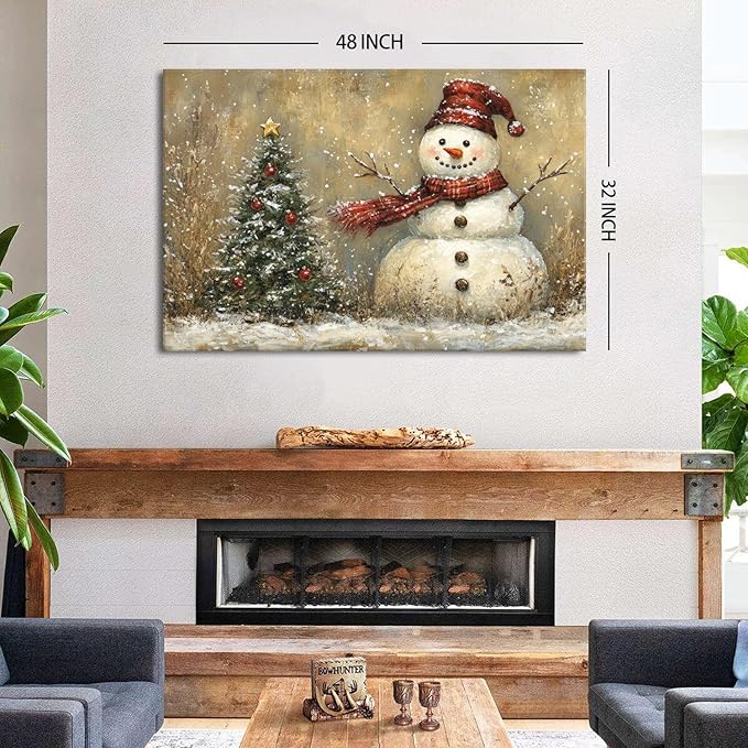 Vintage Christmas Canvas Wall Art Farmhouse Style Painting Home Decoration 32x48in,Christmas Tree Poster Funny Snowman Picture Print Retro Winter Snowy Artwork for Living Room Bedroom Ready to Hang