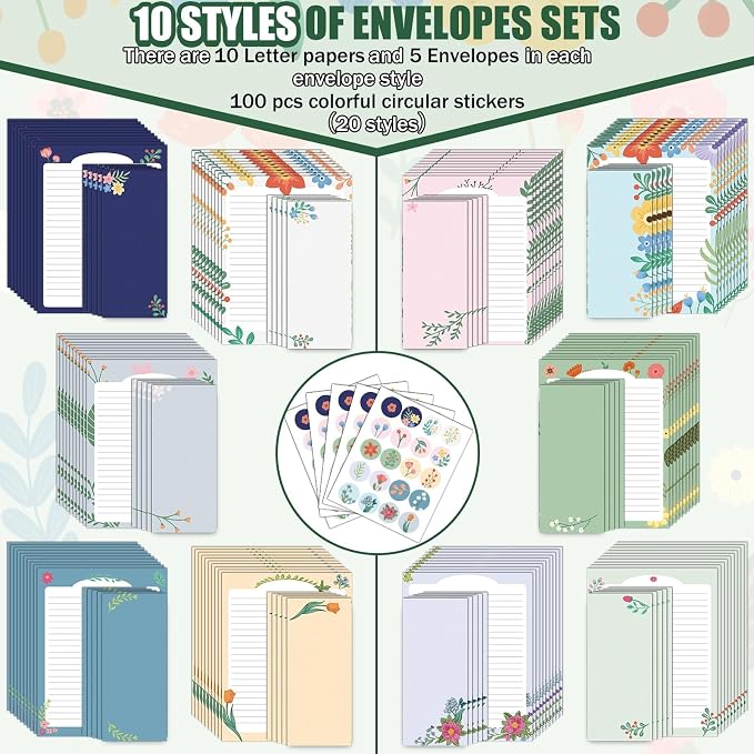 250Pcs Cute Stationery Paper and Envelope Set with 100 Letterhead Papers and 50 Envelopes,10 Design for Letter Writing Invitations Computer Holidays Party Notes, 8.5x11 Inch- Lined Flower
