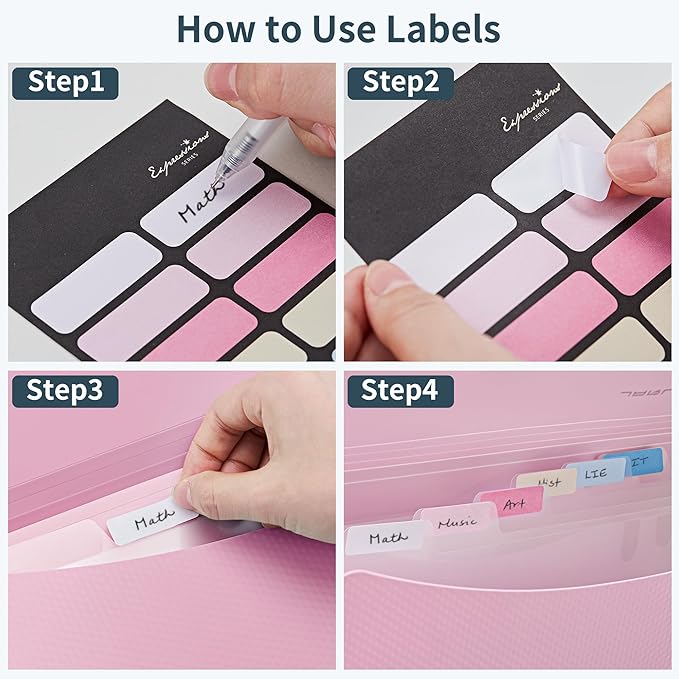 JARLINK 7 Pockets Expanding File Folder, A4 Size Accordion File Folders with 12 Labels, Cute Paper Organizer, Portable Document Organizer for Home College School Office Supplies, Macaron Pink