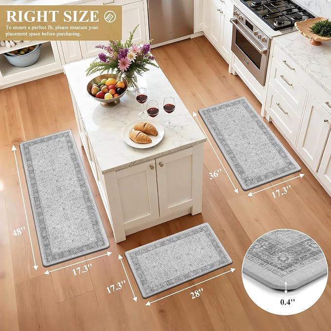 Pauwer Anti Fatigue Kitchen Floor Mats Set of 3, Cushioned Rugs, Light Grey | Non Slip Comfort Standing Mat, PVC Foam Padded Kitchen Rugs, Waterproof Sink Rug for Small Kitchen Area, Laundry Room