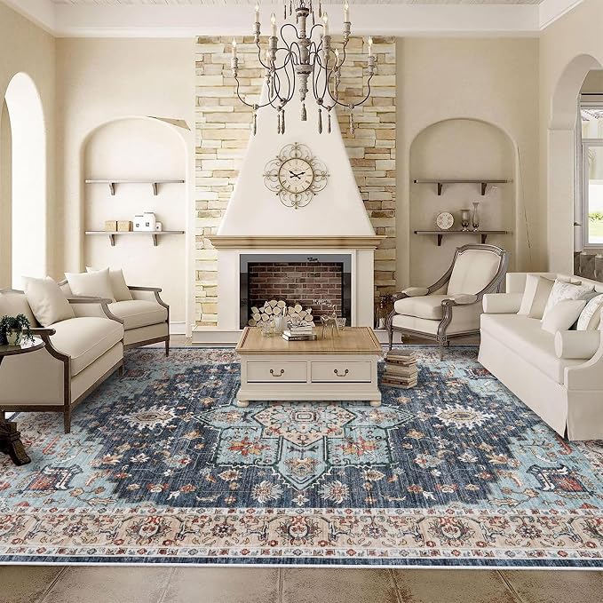 TOPRUUG Washable Oriental Area Rug - 10x12 Rugs for Living Room Soft Carpet for Bedroom Waterproof Floral Distressed Indoor Stain Resistant Non-Shedding Floor Carpets (Blue/Teal/Orange, 10x12)