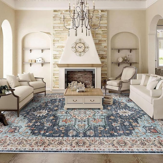 TOPRUUG Washable Oriental Area Rug - 10x12 Rugs for Living Room Soft Carpet for Bedroom Waterproof Floral Distressed Indoor Stain Resistant Non-Shedding Floor Carpets (Blue/Teal/Orange, 10x12)