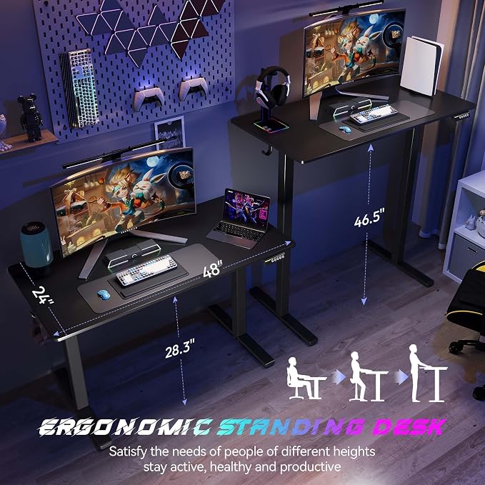 Electric Standing Desk,48x24 Inches Adjustable Height Stand up Desk, Sit Stand Home Office Desk with Splice Board, 3 Preset Heights,Equipped with Hooks,Ergonomic Computer Desk Workstation，Black
