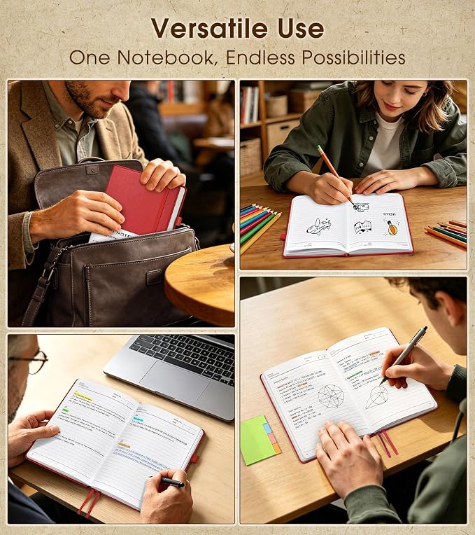 Lined Journal Notebook, A5 Hardcover Leather Journals for Writing, 160 Numbered Pages, 5.7'' x 8.3'' Journaling Notebooks for Men Women, Thick Paper College Ruled Journal for Work Office School, Red