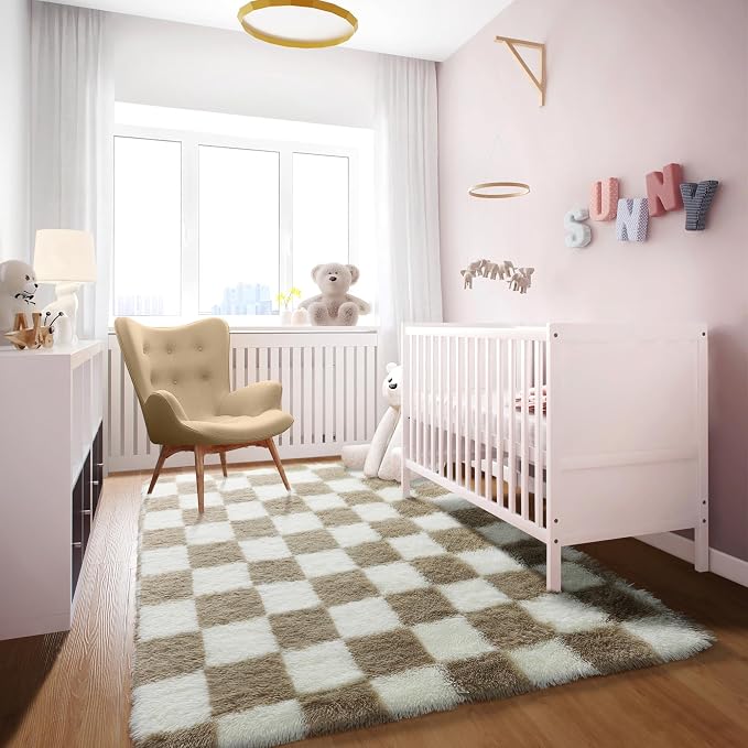 KICMOR 3x5 Rugs for Bedroom Bedside, Soft Fluffy Checkered Shag Area Rug Small Living Room Carpet, Beige and Cream White Fuzzy Shaggy Throw Rug for Kids Boys Girls Dorm Nursery Home Decor Aesthetic