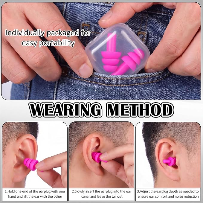 24 Pair Rose Red Ear Plugs - NRR 29dB Reusable Silicone Ear Plugs with Plastic Cases for Sleeping, Noise Cancelling, Concerts, Shooting, Swimming