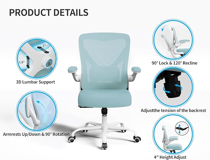 Office Chair - Ergonomic Desk Chair with Adjustable Lumbar Support, Mesh Computer Chair, Executive Office Chairs for Adults, Wide Seat Office Chair Back Support for Tall Men (Mint Green)