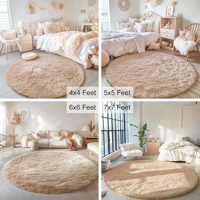 OLANLY Beige Round Rugs for Bedroom - Machine Washable, 4 ft Circle Area Rugs for Living Room, Soft and Fluffy Shaggy Carpet for Teen Girls and Boys, Nursery Rooms, Dorms, Home Decor Aesthetic