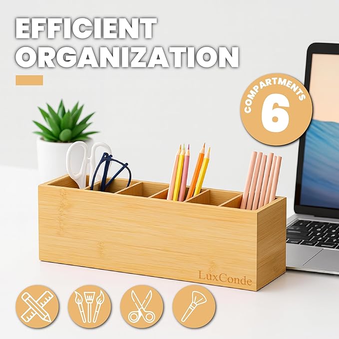 Bamboo Pencil Holder 13.3 X 3.1 X 3.8 In with 6 Adjustable Compartments. Desk Pencil Holder - Pen Holders for Desk, Desktop Pen Organizer - Pens Organizer, Organizador de Lapices