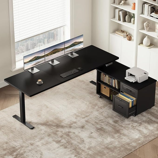 OffiGo 63 Inch L Shaped Electric Standing Desk with File Cabinet, Black | Mobile Drawers & File Cabinet for Flexible Layout, Height Adjustable Executive Stand Up Desk for Home Office Workstation