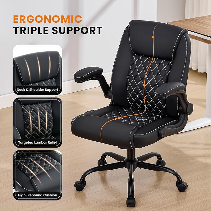 Leather Office Chair, 300lbs Heavy Duty Mid-Back Desk Chairs with Flip-up Armrests, Space-Saving Swivel Task Chair with Wheels, Adjustable Height and Ergonomic Back Support, Black