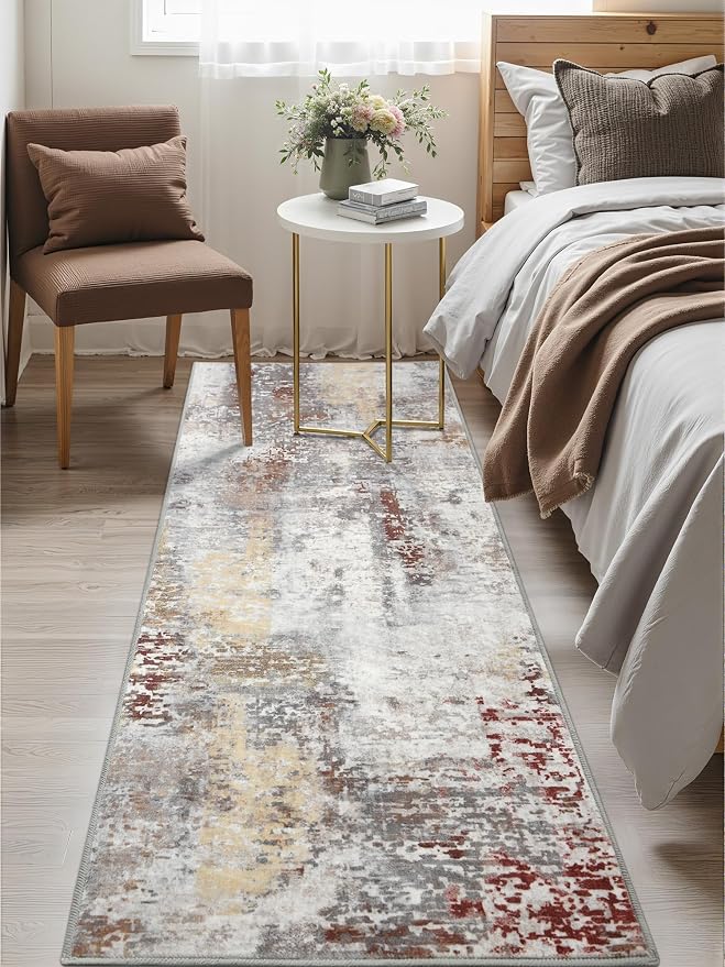Macgace Washable Abstract Runner Rug, 2x6 Modern Area Rugs with Non-Slip Rubber Backed for Kitchen, Thin but Soft Contemporary Carpet Bedroom Entryway Hallway Decor, Rusty Brown