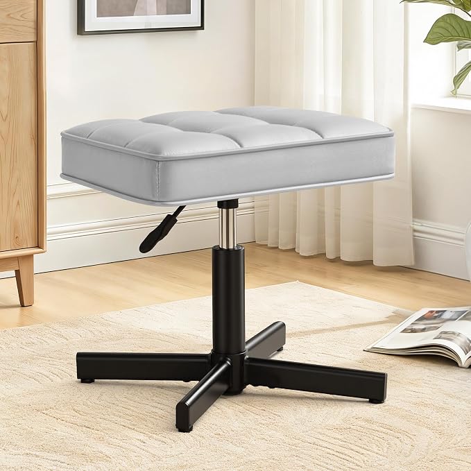 LUE BONA Adjustable Vanity Stool, 15''-19.5'' Foot Rest Under Desk, 360° Swivel Vanity Chair for Makeup Room, Silver Upholstered Faux Leather Ottoman for Bathroom & Living Room, 300lbs