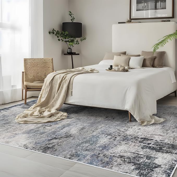 RUUGME Washable Abstract Rug 5x7: Stain Resistant Non-Slip Living Room Area Rug - Soft Low Pile Carpet for Bedroom Office Nursery - Distressed Indoor Floor Mat for Modern Home Decor (5X7 Blue)