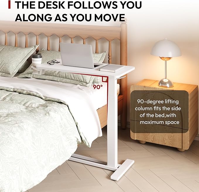 SANODESK 32'' Mobile Standing Desk with Hidden Wheels,Pneumatic Laptop Desk | Sofa Computer Cart Movable Height Adjustable Table Small Sit Stand Desk for Home Office Hospital Use,31.5" W x 17.7",White