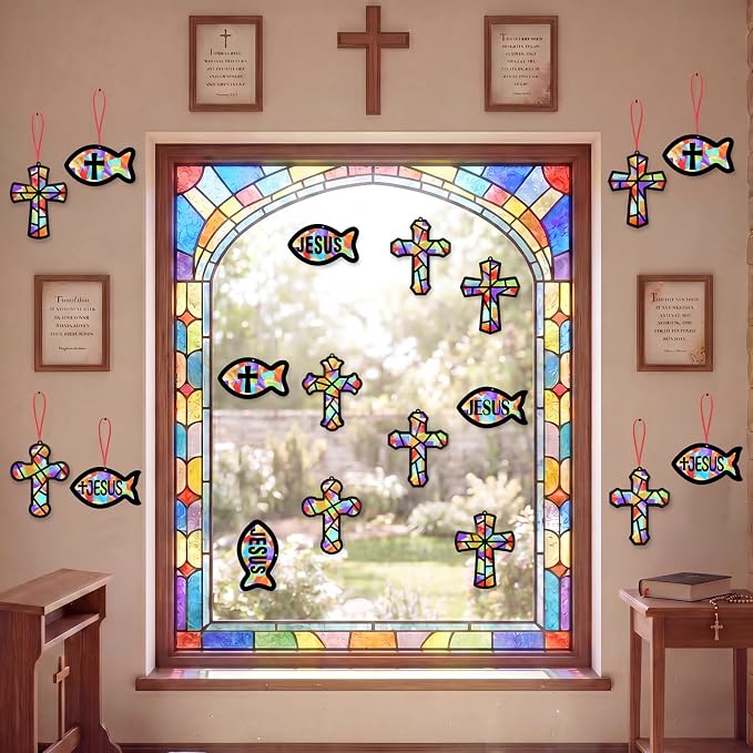 48PCS Sunday School VBS Crafts Bulk: Paper Cross Fish Nativity Suncatchers, Jesus Religious Christian Activity DIY Kits Church Decorations, Window Stained Glass Effect Art Supplies