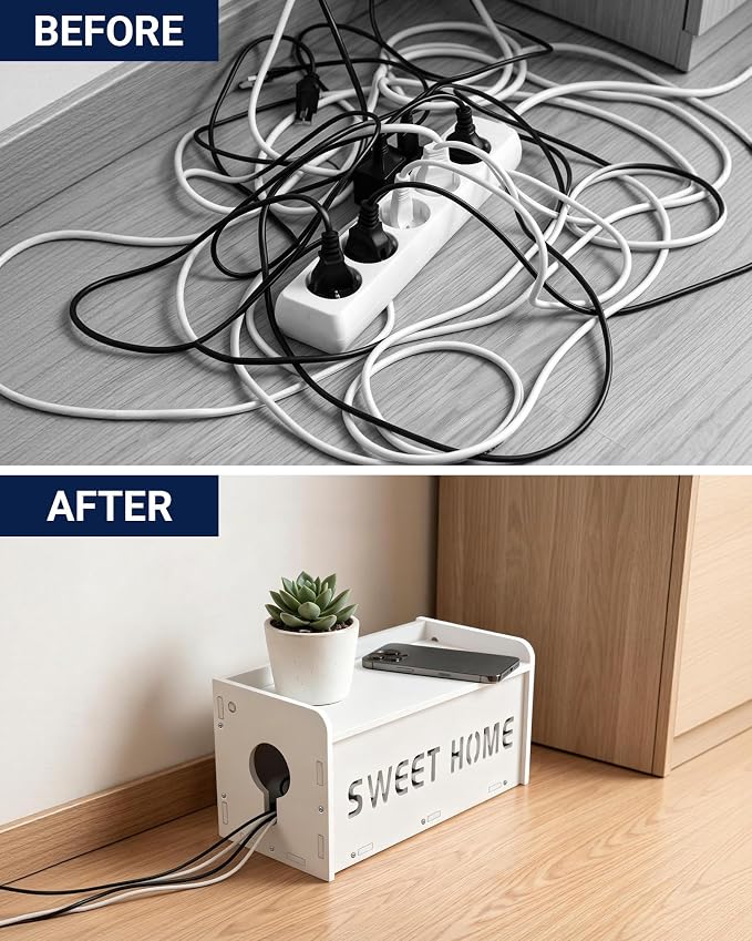 Large Cable Management Box, Imitation Wood Plastic Cord Organizer Boxs | Cord Hider Box for Power Strip Router & USB Hub & TV Wires, Suitable for Both Home and Office White