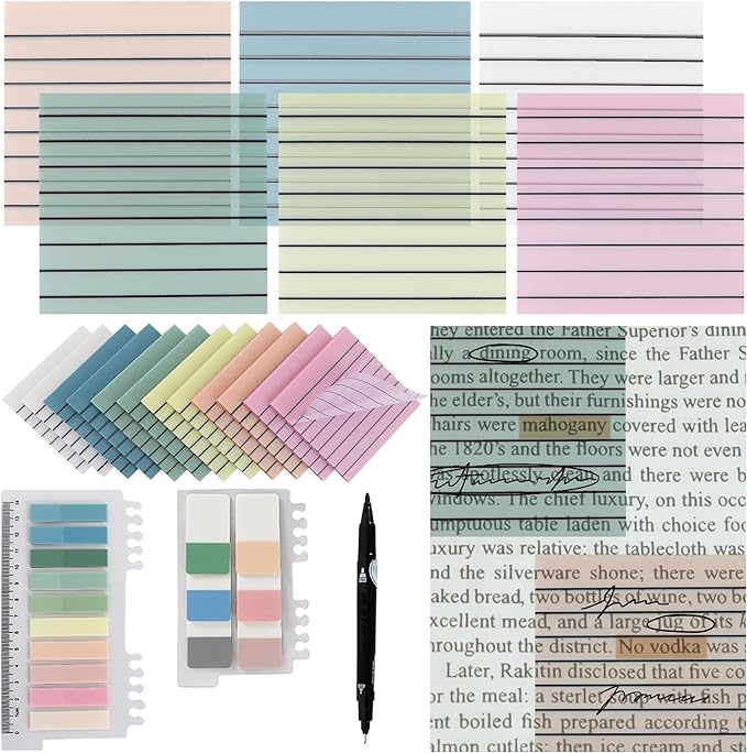 Vuzvuv 920 Sheets Transparent Line Clear Sticky Notes with Pen,3x3 Inch Bulk Translucent Sticky Notes Set for Bible Tabs, Book Tabs, Office School Supplies(Morandi Line Colors)