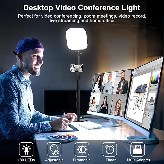 Video Conference Lighting, 180 LED Video Light with 3 Color & 5 Brightness & Timmer for Video Recording, Webcam Light Phone Holder for Laptop Computer Online Meeting, Video Calls, Live Streaming