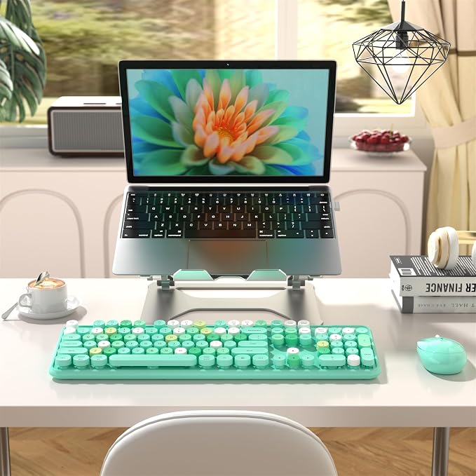 MPTOG Colorful Wireless Computer Keyboard and Mouse Combo with Round Typewriter Keycaps, Retro Design, Power Switch, Ergonomic Design, 2.4GHz Wireless for Windows, Mac, PC(Green-Colorful)