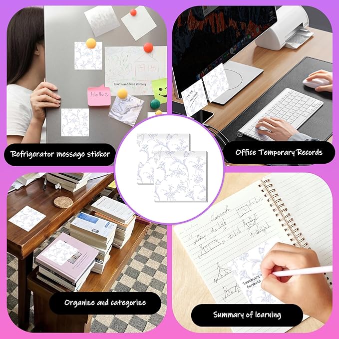 Sticky Notes 3x3 Inches, 2 Pads Cute Colorful Self-Stick Note Pads, Easy to Post for Home, Office and Daily Life Organization Blue and White Floral