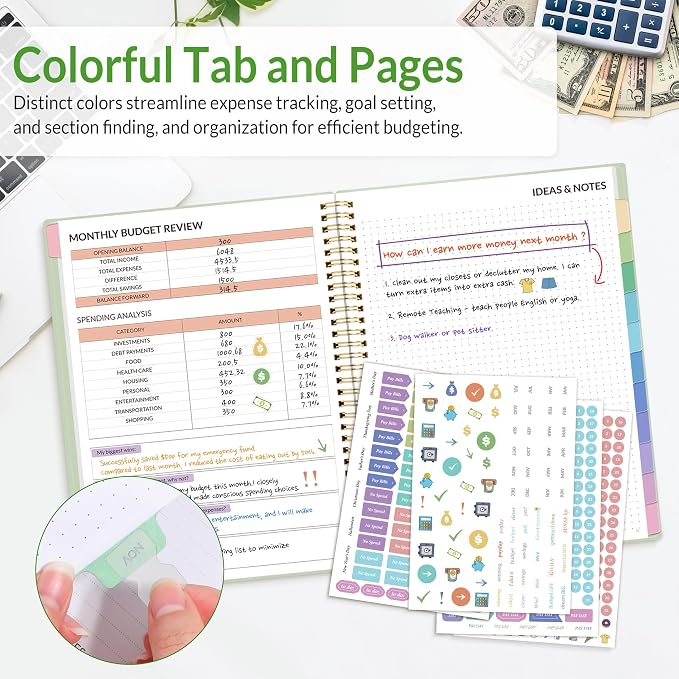 SUNEE Budget Planner - Monthly Budget Book with Expense Tracker Notebook, A4(8.5" x 11") Undated 12 Month Bill Organizer & Finance Planner to Manage Your Money, Account Book with Colorful Tab, Green