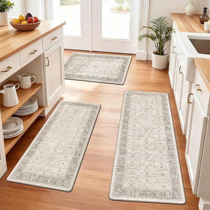 Pauwer Anti Fatigue Kitchen Floor Mats Set of 3, Cushioned Rugs, Khaki | Non Slip Comfort Standing Mat, PVC Foam Padded Kitchen Rugs, Waterproof Sink Rug for Small Kitchen Area, Laundry Room