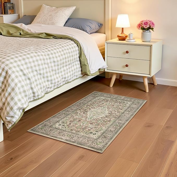 Green Small Washable Area Rug, 2x3 Boho Vintage Entryway Rugs, Soft Non Slip Floral Door Mat, Aesthetic Low Pile Carpet for Front Door Entry Carpets Entrance Bedroom Kitchen