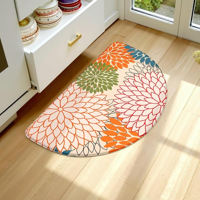 KIMODE Half Circle Kitchen Mats for Floor Cushioned Anti Fatigue Semi Round | Half Round,28"x18",Dahlia Boho,Kitchen Rug Non Slip ,Waterproof Padded Sink Floor Mat Carpet Decor for Laundry Bathroom